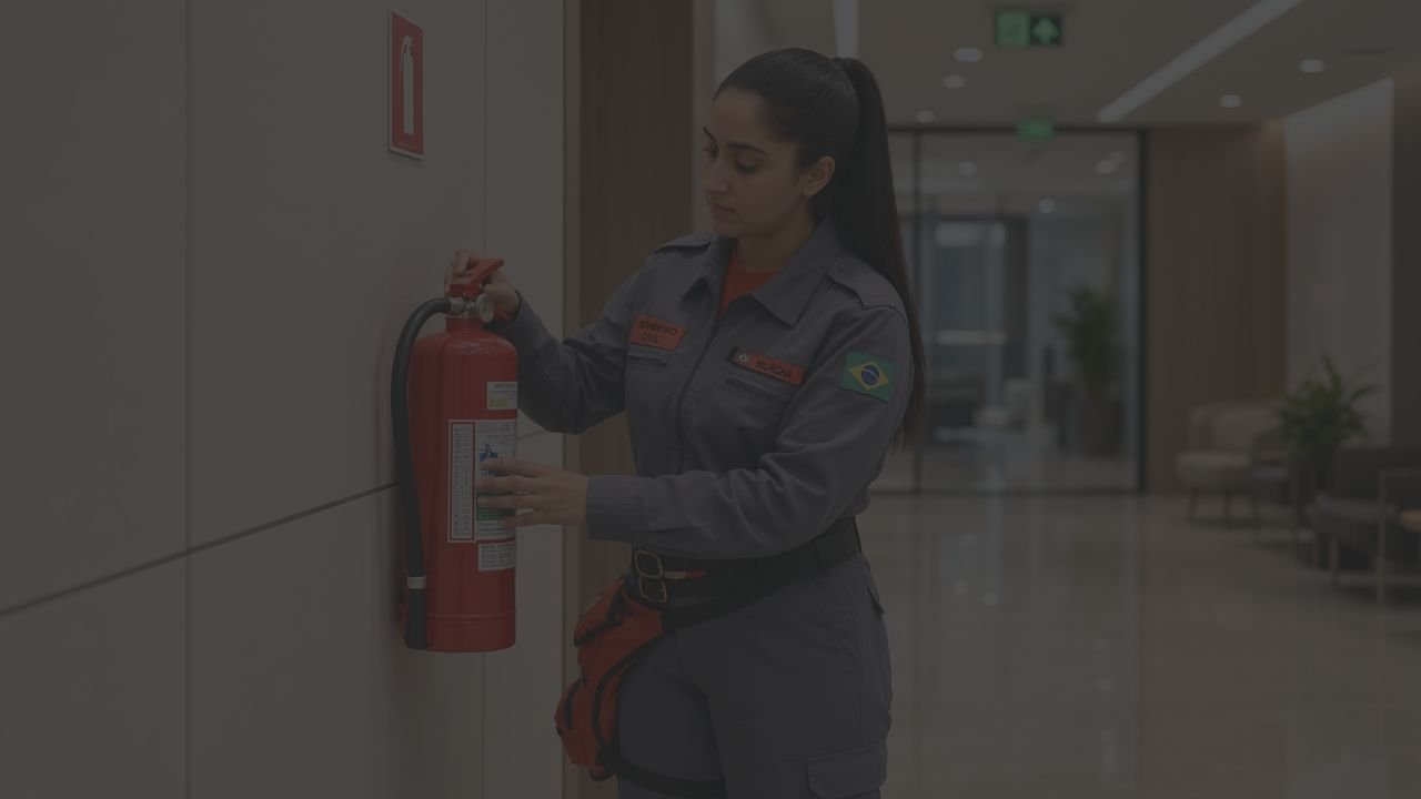 Bombeira civil inspecionando um extintor de incêndio no corredor de uma edificação